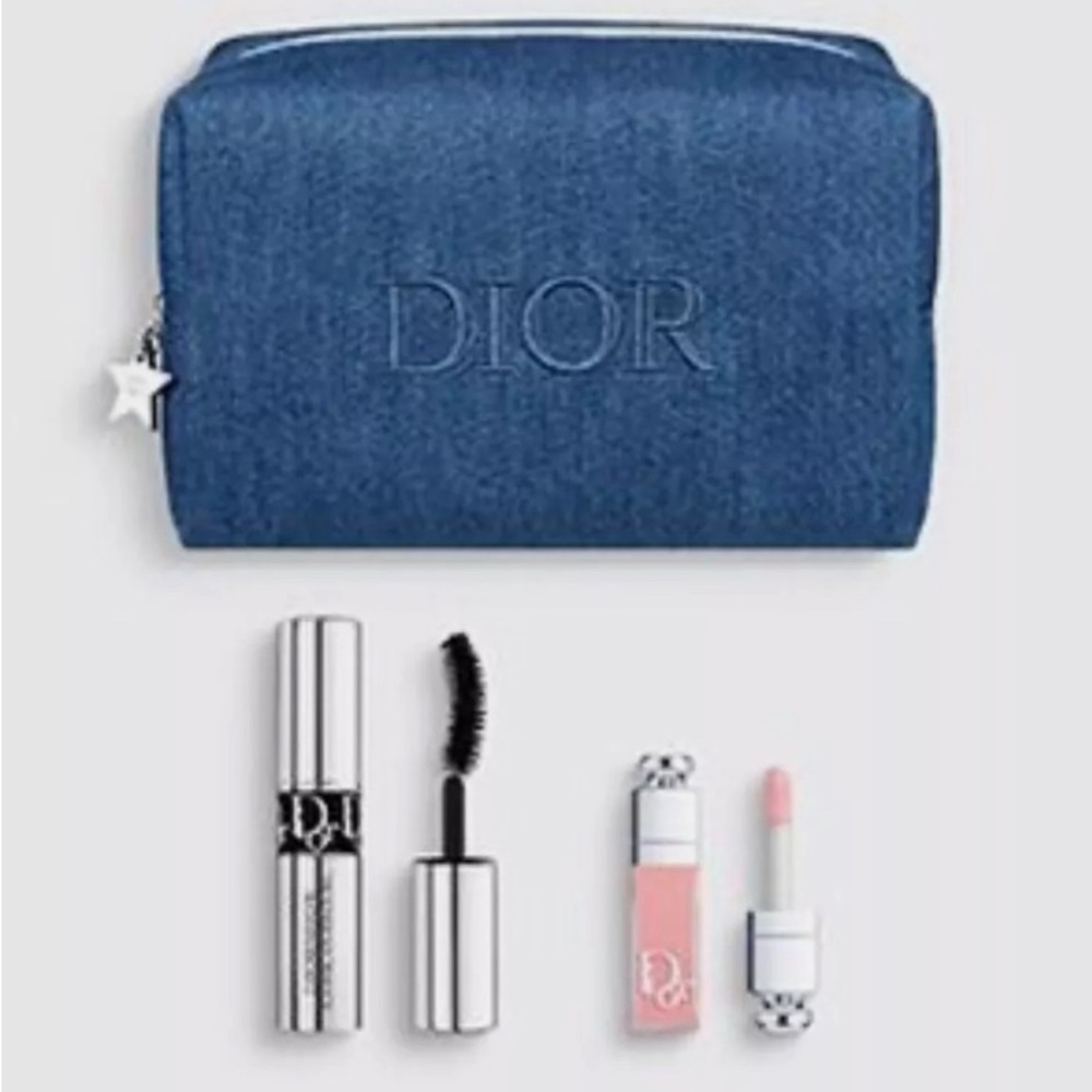 NEW Authentic Christian Dior Cosmetic Denim Pouch, with the Box and Cosmetics